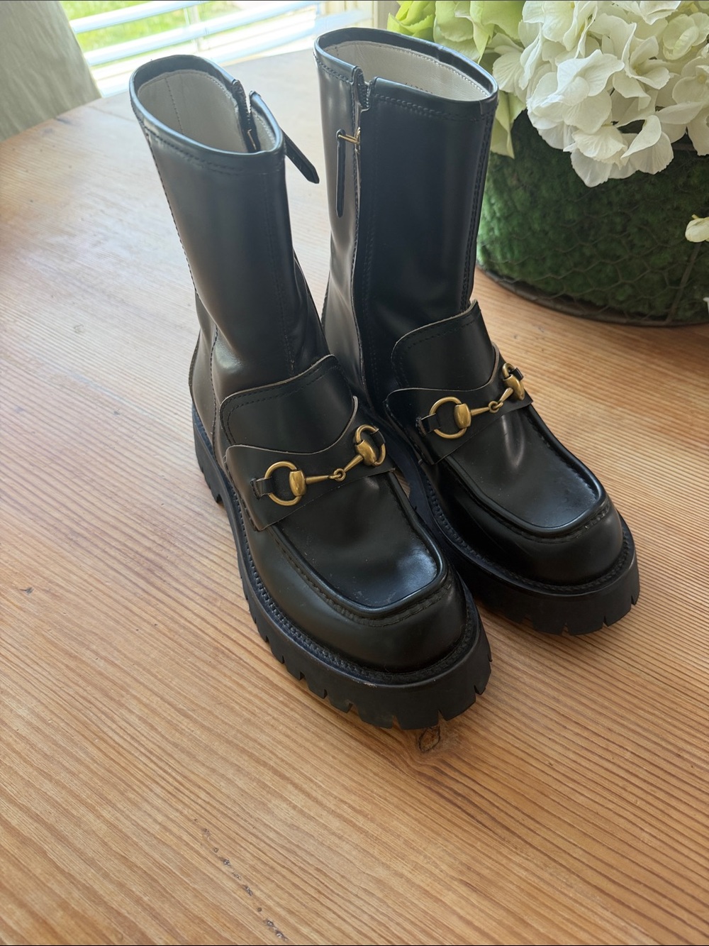 Gucci Black Leather Lug-Sole Ankle Boots with Gold Horsebit 38.5 fit like a US 8